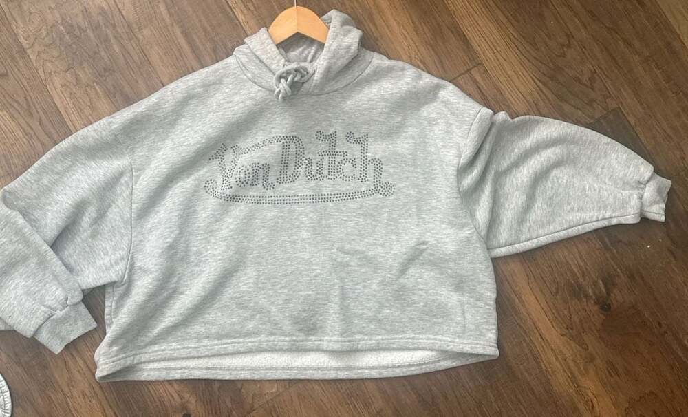 Von Dutch Grey Rhinestone Logo Cropped Hoodie - Picture 4 of 7